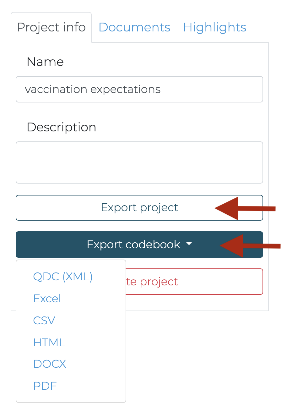 export codebook or project